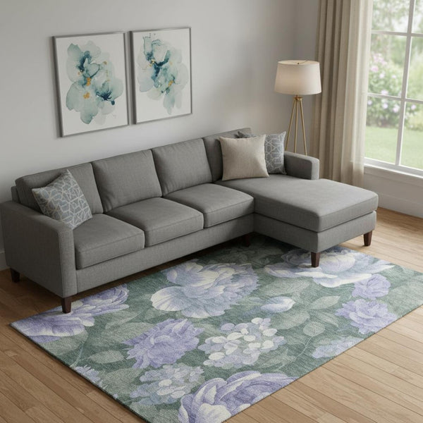 HomeRoots 9' X 12' Floral Area Rug in Lavender Green & Ivory - Washable, UV Protected, Durable & Stylish Decor 694441