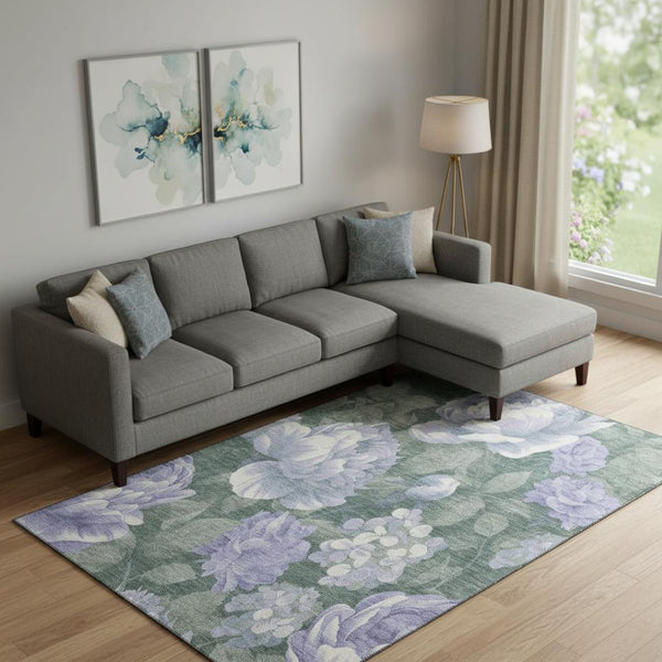 HomeRoots 10' Floral Area Rug in Lavender, Green & Ivory - Washable, UV Protected, Perfect for Any Room 694442