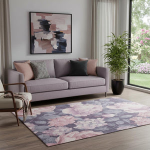 HomeRoots 5' X 8' Stylish Pink Gray & Mauve Floral Area Rug - Washable, UV Protected, Non-Slip & Durable! 694444