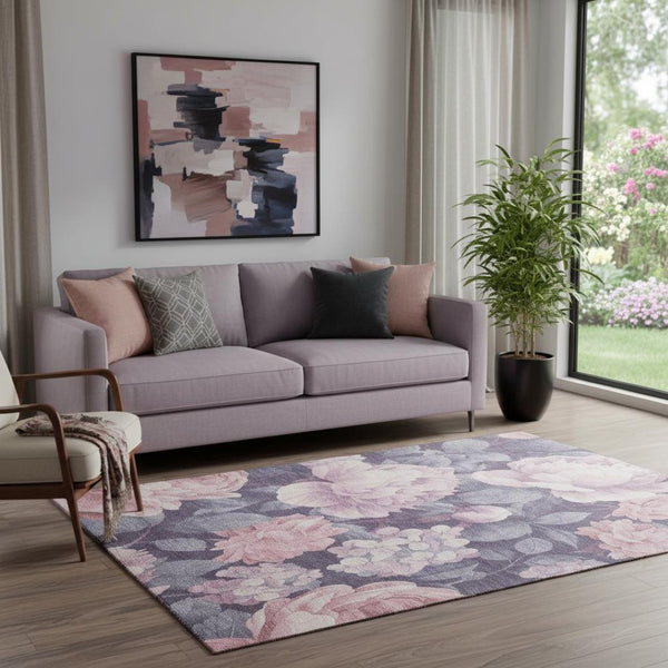 HomeRoots 5' X 8' Stylish Pink Gray & Mauve Floral Area Rug - Washable, UV Protected, Non-Slip & Durable! 694444