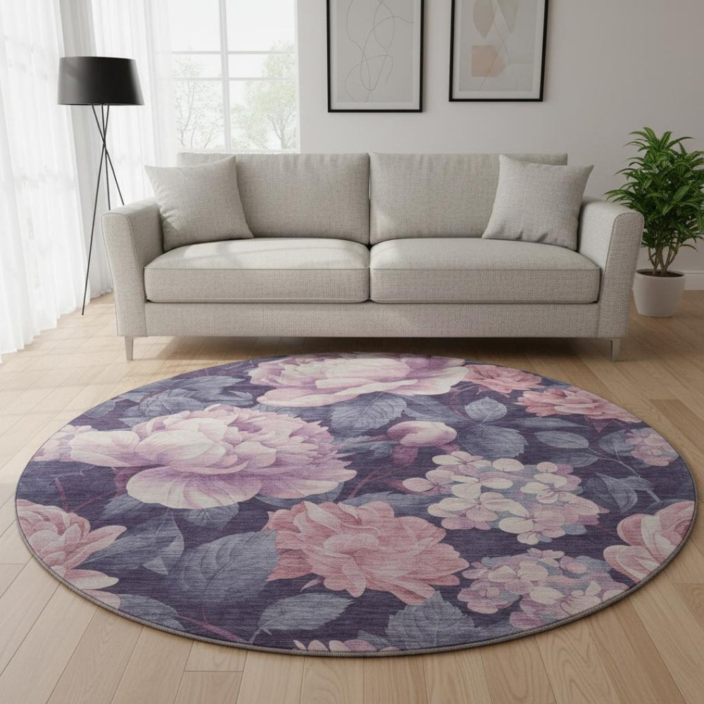 HomeRoots 8' X 8' Floral Washable Round Rug in Pink, Gray & Mauve – UV Protected, Durable & Stain Resistant! 694445