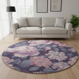 HomeRoots 8' X 8' Floral Washable Round Rug in Pink, Gray & Mauve – UV Protected, Durable & Stain Resistant! 694445