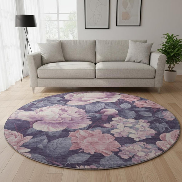HomeRoots 8' X 8' Floral Washable Round Rug in Pink, Gray & Mauve – UV Protected, Durable & Stain Resistant! 694445