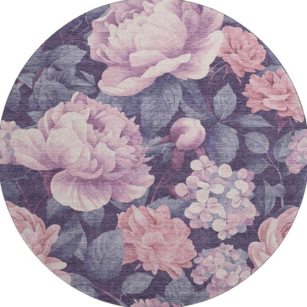 HomeRoots 8' X 8' Floral Washable Round Rug in Pink, Gray & Mauve – UV Protected, Durable & Stain Resistant! 694445