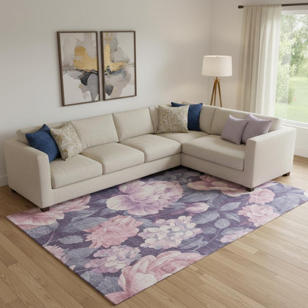 HomeRoots 9' X 12' Floral Area Rug in Pink, Gray & Mauve – Washable, UV-Protected, Non-Slip for Family Spaces 694447