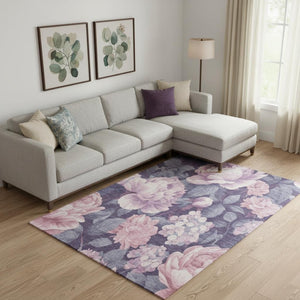 HomeRoots 10' X 14' Floral Area Rug in Soft Pink, Gray & Mauve – Washable, Durable, UV-Protected Charm 694448