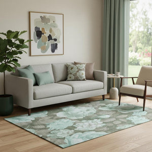 HomeRoots 5' X 8' Pale Aqua & Brown Floral Washable Area Rug with UV Protection for Stylish, Easy Care Living 694450