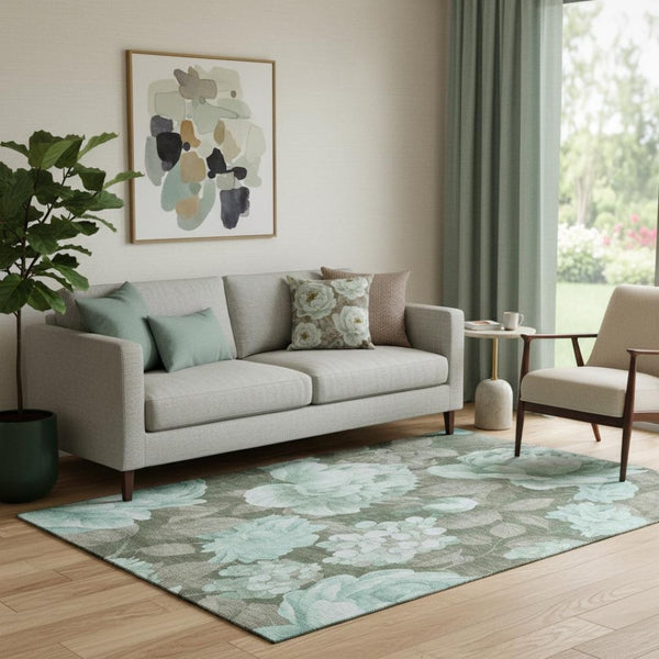 HomeRoots 5' X 8' Pale Aqua & Brown Floral Washable Area Rug with UV Protection for Stylish, Easy Care Living 694450