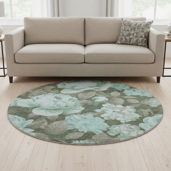 HomeRoots 8' X 8' Floral Washable Round Rug in Pale Aqua & Brown - Durable, UV Protected, Perfect for Any Room 694451