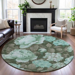 HomeRoots 8' X 8' Floral Washable Round Rug in Pale Aqua & Brown - Durable, UV Protected, Perfect for Any Room 694451