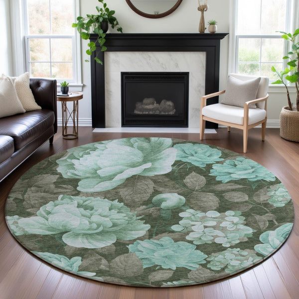 HomeRoots 8' X 8' Floral Washable Round Rug in Pale Aqua & Brown - Durable, UV Protected, Perfect for Any Room 694451