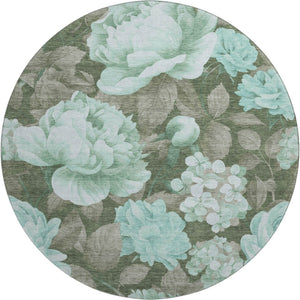 HomeRoots 8' X 8' Floral Washable Round Rug in Pale Aqua & Brown - Durable, UV Protected, Perfect for Any Room 694451