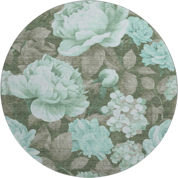 HomeRoots 8' X 8' Floral Washable Round Rug in Pale Aqua & Brown - Durable, UV Protected, Perfect for Any Room 694451