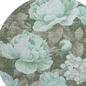 HomeRoots 8' X 8' Floral Washable Round Rug in Pale Aqua & Brown - Durable, UV Protected, Perfect for Any Room 694451