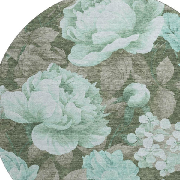 HomeRoots 8' X 8' Floral Washable Round Rug in Pale Aqua & Brown - Durable, UV Protected, Perfect for Any Room 694451