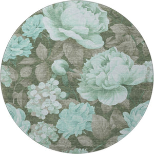 HomeRoots 8' X 8' Floral Washable Round Rug in Pale Aqua & Brown - Durable, UV Protected, Perfect for Any Room 694451