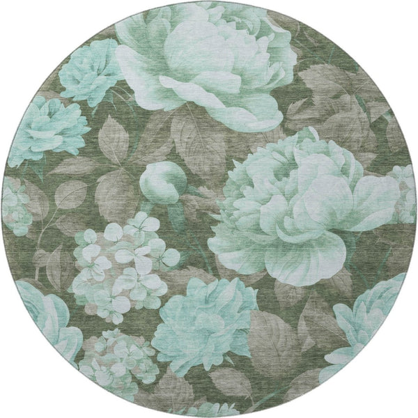 HomeRoots 8' X 8' Floral Washable Round Rug in Pale Aqua & Brown - Durable, UV Protected, Perfect for Any Room 694451