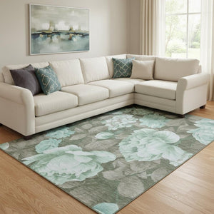 HomeRoots 8' Pale Aqua and Brown Floral Area Rug – Durable, Washable, UV-Protected, Family-Friendly Design! 694452