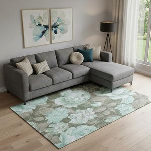 HomeRoots 9' X 12' Stylish Pale Aqua & Brown Floral Area Rug – Durable, Washable & UV-Protected for Everyday Use 694453