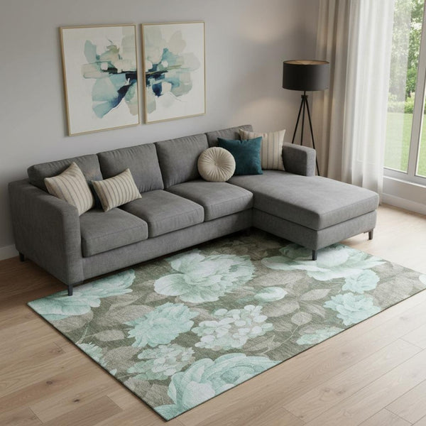 HomeRoots 9' X 12' Stylish Pale Aqua & Brown Floral Area Rug – Durable, Washable & UV-Protected for Everyday Use 694453