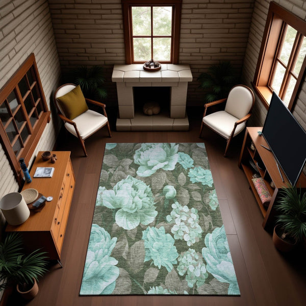 HomeRoots 9' X 12' Stylish Pale Aqua & Brown Floral Area Rug – Durable, Washable & UV-Protected for Everyday Use 694453