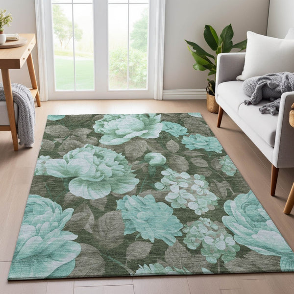 HomeRoots 9' X 12' Stylish Pale Aqua & Brown Floral Area Rug – Durable, Washable & UV-Protected for Everyday Use 694453