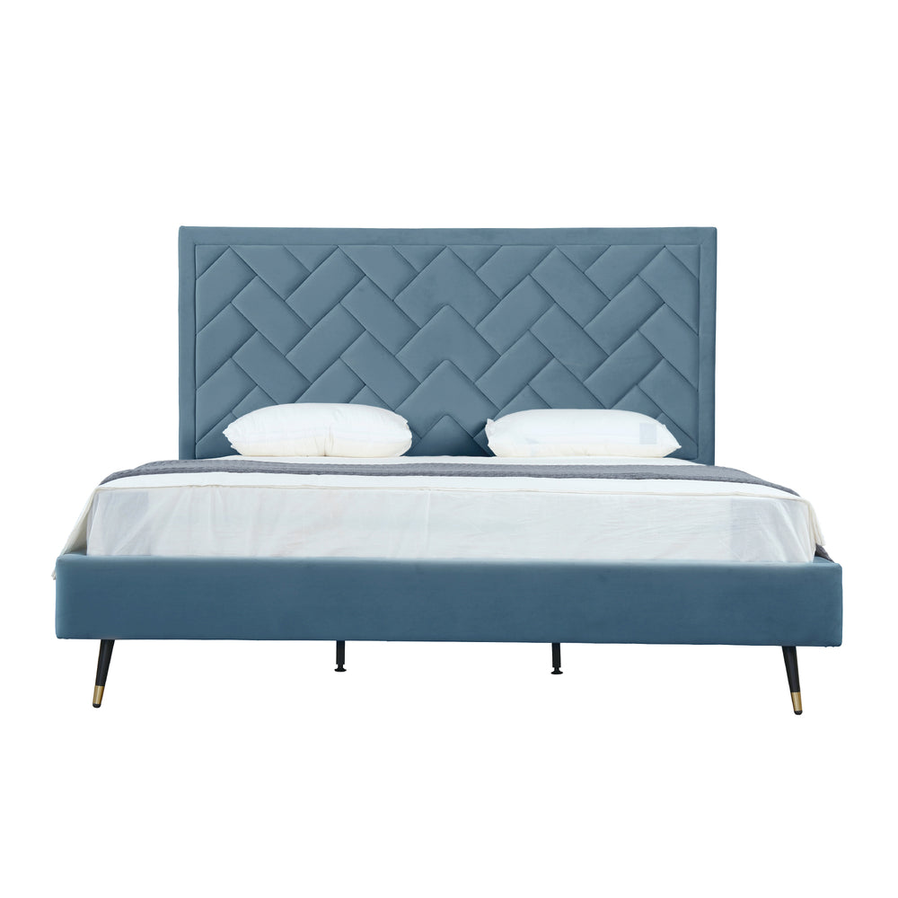 English Elm Crosby Upholstered Velvet King Bed: Modern Blue Elegance With Chevron Headboard & Easy Assembly B365S00033