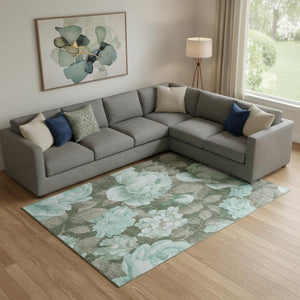 HomeRoots 10' X 14' Pale Aqua and Brown Floral Area Rug – Durable, Washable, UV Protected for Stylish Homes 694454