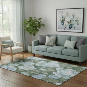 HomeRoots 5' X 8' Sky Blue & Taupe Floral Area Rug - Washable, UV-Protected, Durable for High Traffic Homes 694456