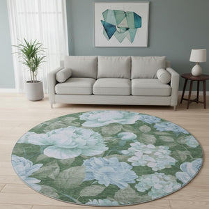HomeRoots 8' Sky Blue & Taupe Floral Washable Round Rug - UV Protected, Durable, Stylish for Any Room Decor 694457