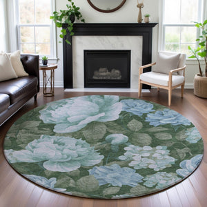 HomeRoots 8' Sky Blue & Taupe Floral Washable Round Rug - UV Protected, Durable, Stylish for Any Room Decor 694457
