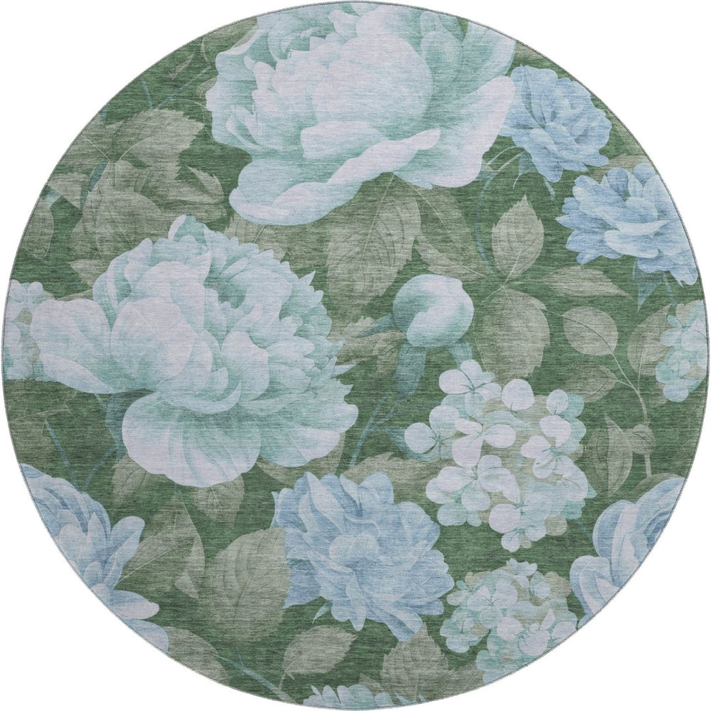 HomeRoots 8' Sky Blue & Taupe Floral Washable Round Rug - UV Protected, Durable, Stylish for Any Room Decor 694457