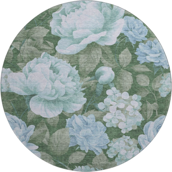 HomeRoots 8' Sky Blue & Taupe Floral Washable Round Rug - UV Protected, Durable, Stylish for Any Room Decor 694457