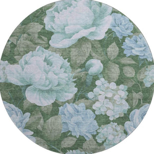 HomeRoots 8' Sky Blue & Taupe Floral Washable Round Rug - UV Protected, Durable, Stylish for Any Room Decor 694457