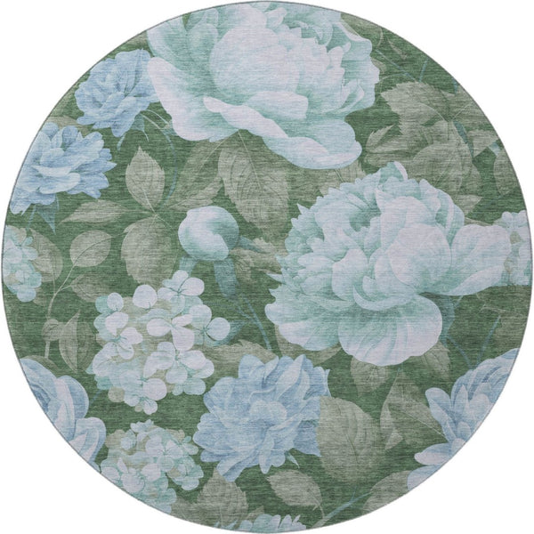 HomeRoots 8' Sky Blue & Taupe Floral Washable Round Rug - UV Protected, Durable, Stylish for Any Room Decor 694457