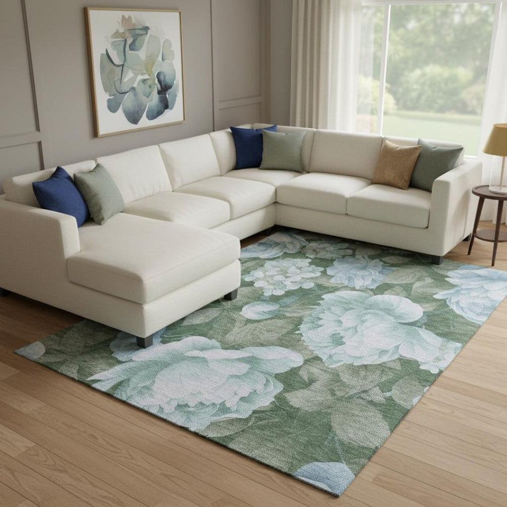 HomeRoots 8' Sky Blue & Taupe Floral Washable Area Rug – Durable, Stain-Resistant with UV Protection & Non-Slip Backing 694458