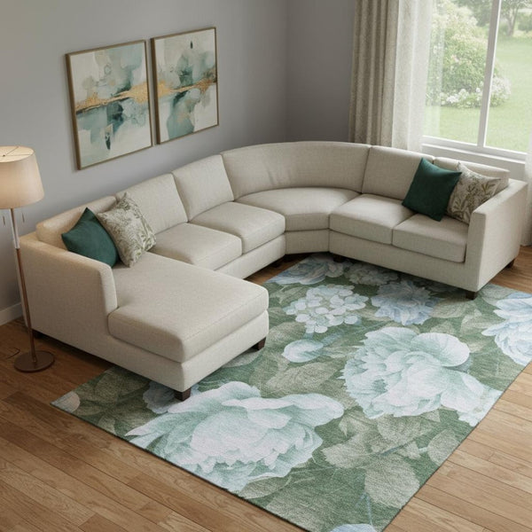 HomeRoots 9' X 12' Sky Blue & Taupe Floral Area Rug - Durable, Washable, UV Protected for Active Homes! 694459