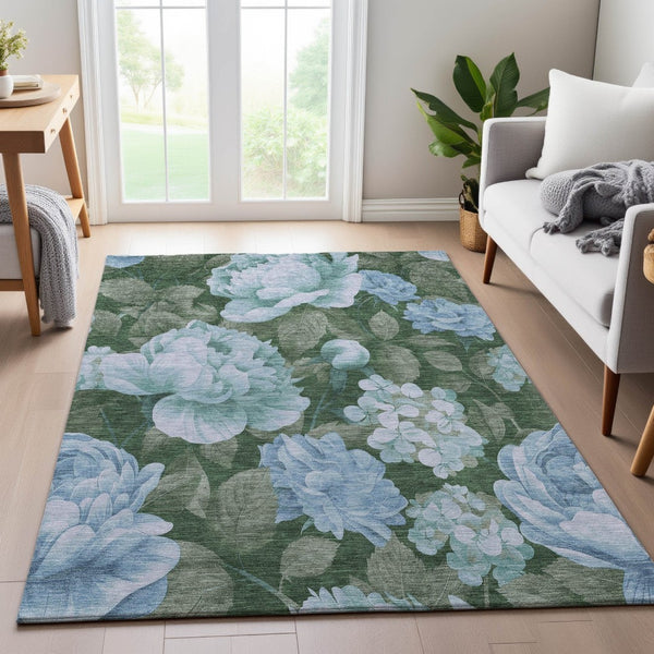 HomeRoots 9' X 12' Sky Blue & Taupe Floral Area Rug - Durable, Washable, UV Protected for Active Homes! 694459