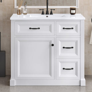 English Elm 36 Inch Bathroom Vanity With Sink – Modern Design, Soft-Close Drawers & Adjustable Storage Shelf, White Finish N725P336549K
