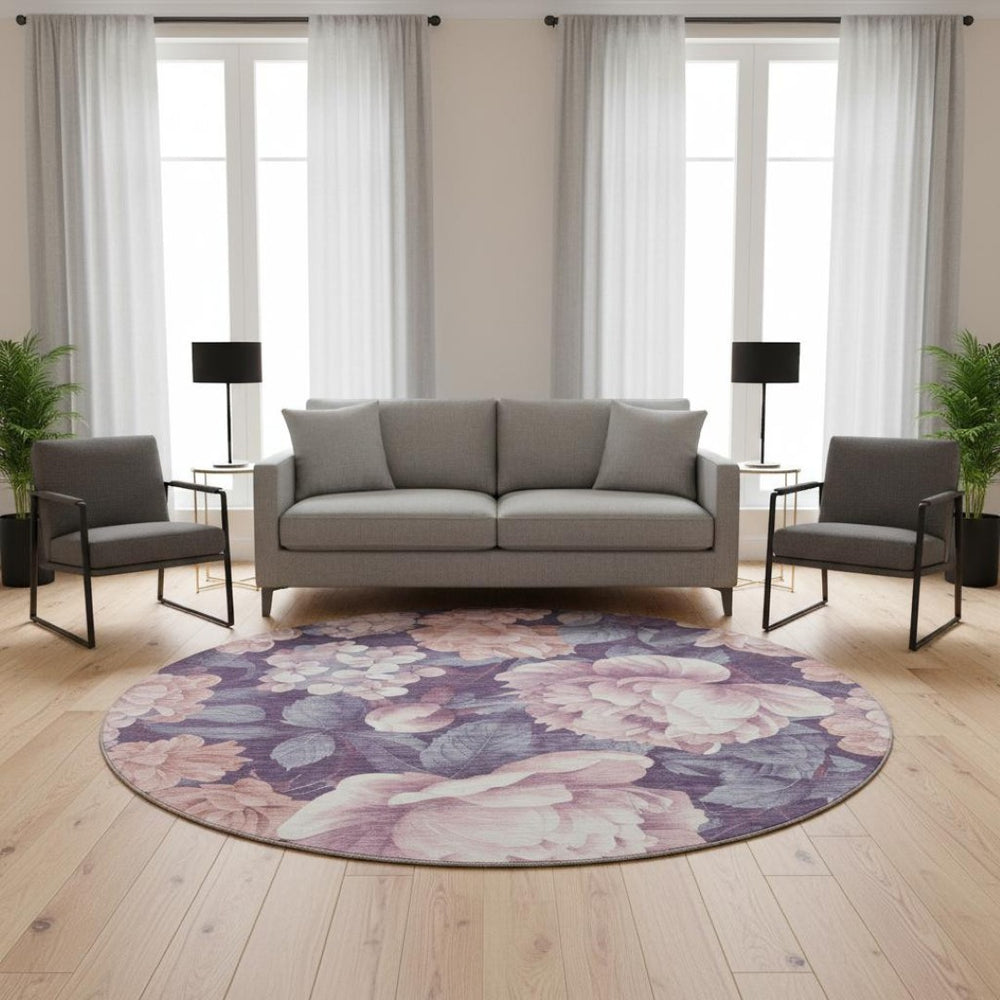 HomeRoots 8' X 8' Salmon Gray Floral Round Rug - Washable, UV Protected, Durable & Stylish for Any Room 694463