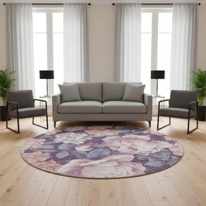 HomeRoots 8' X 8' Salmon Gray Floral Round Rug - Washable, UV Protected, Durable & Stylish for Any Room 694463