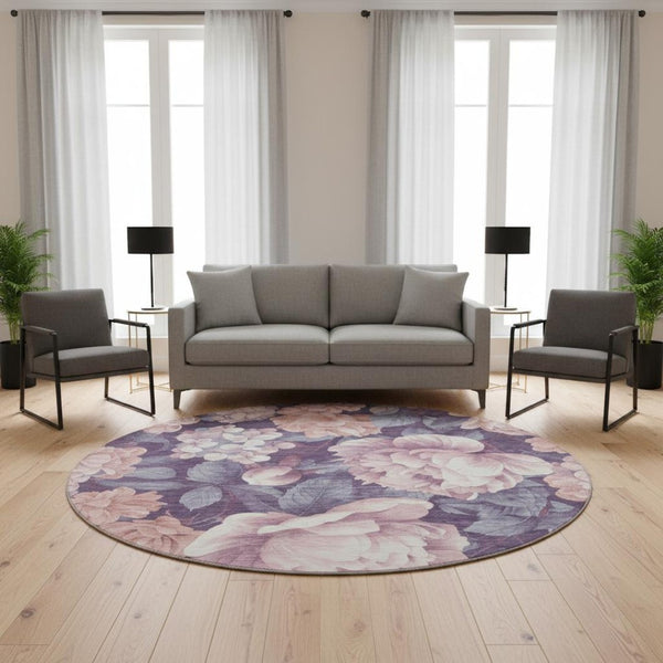 HomeRoots 8' X 8' Salmon Gray Floral Round Rug - Washable, UV Protected, Durable & Stylish for Any Room 694463