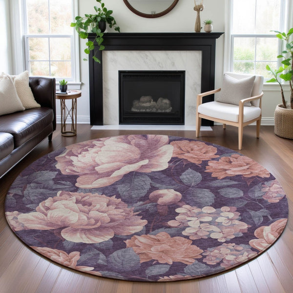 HomeRoots 8' X 8' Salmon Gray Floral Round Rug - Washable, UV Protected, Durable & Stylish for Any Room 694463