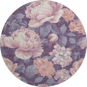 HomeRoots 8' X 8' Salmon Gray Floral Round Rug - Washable, UV Protected, Durable & Stylish for Any Room 694463