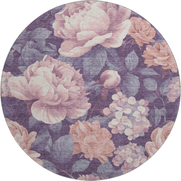 HomeRoots 8' X 8' Salmon Gray Floral Round Rug - Washable, UV Protected, Durable & Stylish for Any Room 694463