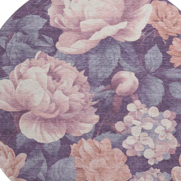 HomeRoots 8' X 8' Salmon Gray Floral Round Rug - Washable, UV Protected, Durable & Stylish for Any Room 694463
