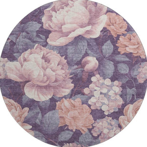 HomeRoots 8' X 8' Salmon Gray Floral Round Rug - Washable, UV Protected, Durable & Stylish for Any Room 694463