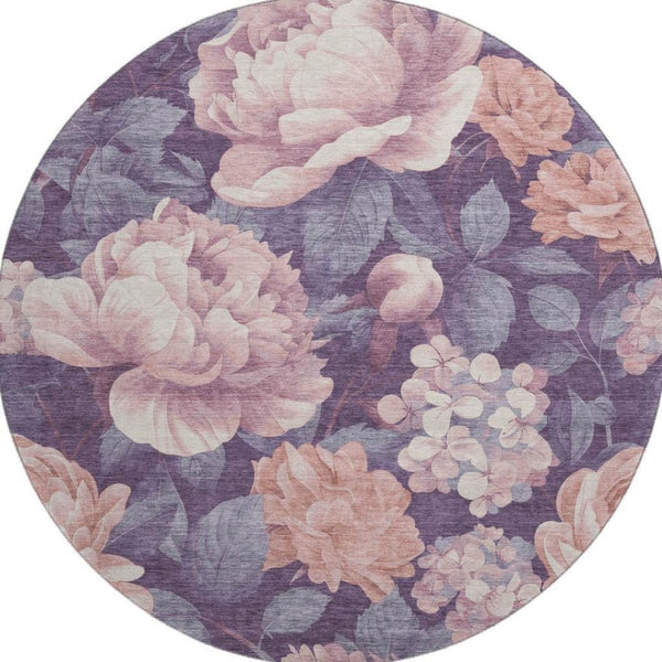 HomeRoots 8' X 8' Salmon Gray Floral Round Rug - Washable, UV Protected, Durable & Stylish for Any Room 694463