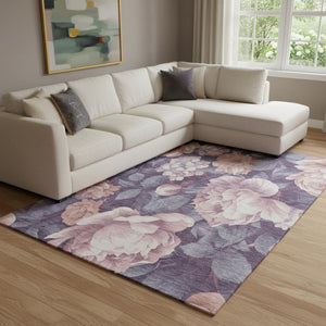 HomeRoots 8' Salmon Gray & Ivory Floral Area Rug - Washable, Durable, UV Protected for High-Traffic Spaces! 694464