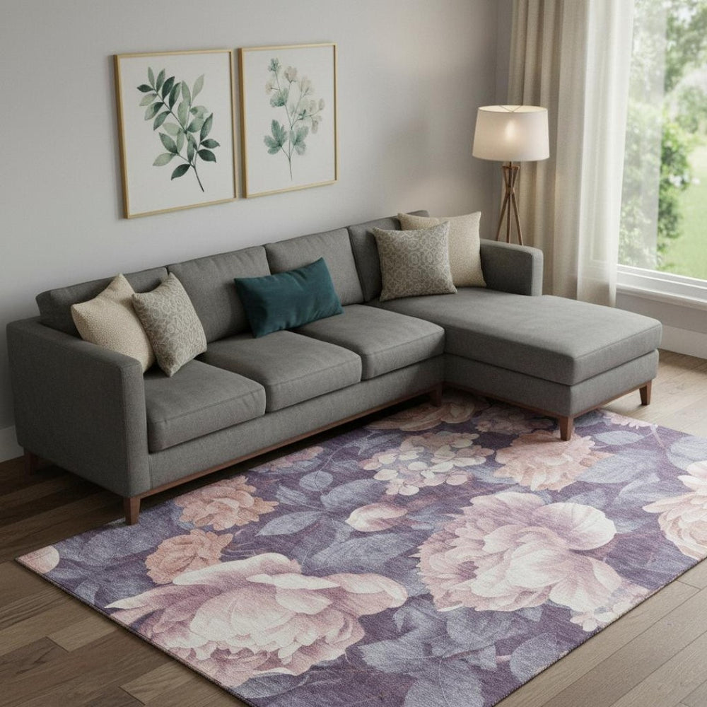 HomeRoots 9' X 12' Salmon Gray and Ivory Floral Area Rug – Washable, Stain Resistant, UV Protected for Homes 694465